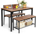 Giantex Dining Table Set for 4, 43" Kitchen Table and Chairs, Dining Bench with Metal Frame & Storage Rack, 4-Piece Modern Functional Desk Set for Dinette, Small Space, Apartment, Restaurant, Brown