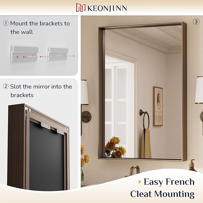 Keonjinn 40 x 30 Inch Brushed Bronze Mirror for Bathroom Rectangular Wall Mount Vanity Mirror Metal Frame Farmhouse Bronze Mirrors Large Decorative Square Corner Rectangle Mirrors(Horizontal/Vertical)
