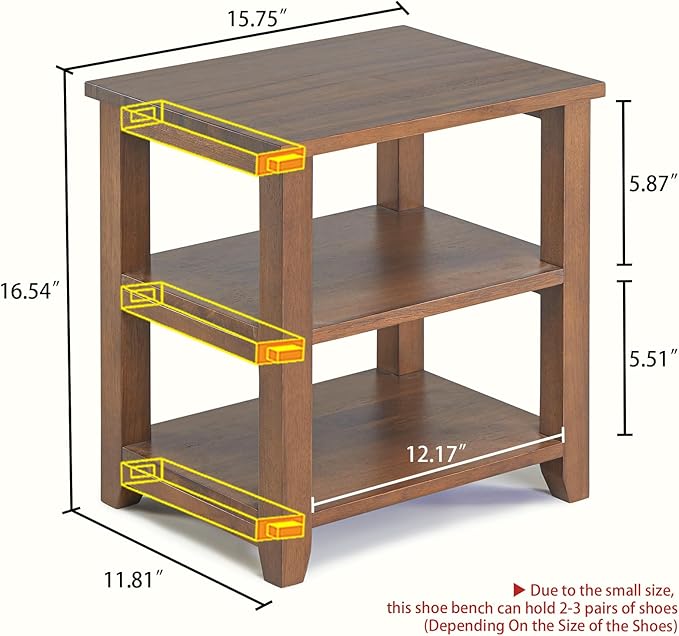 Small Shoe Rack Bench, 2-Tier Solid Wood Heavy Duty Shoe Organizer Shelf for Entryway, Living Room,Bedroom (Brown, 11.81"x15.75"x16.54")