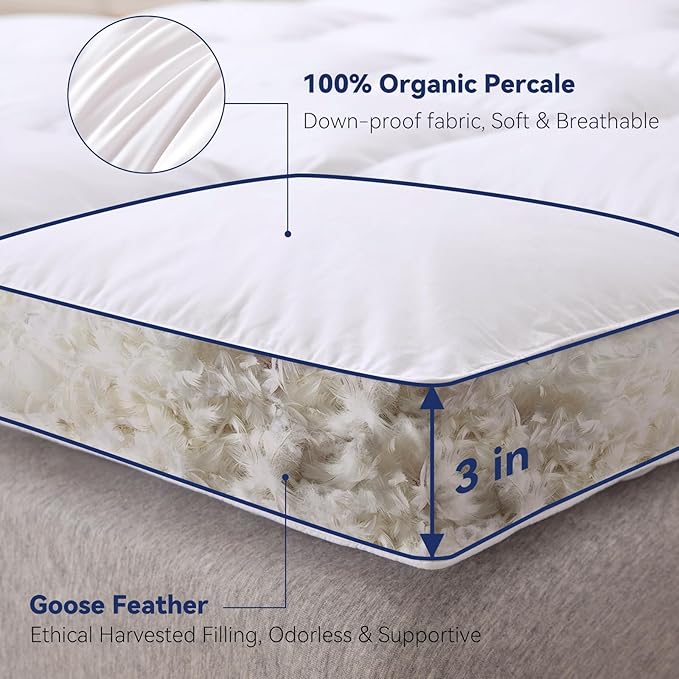 3 Inch White Goose Feather Mattress Topper,California King Size Feather Bed Topper,Mattress Cover with Straps,Ultra Soft Pillowtop,100% Organic Cotton Fabric(72”x84”)