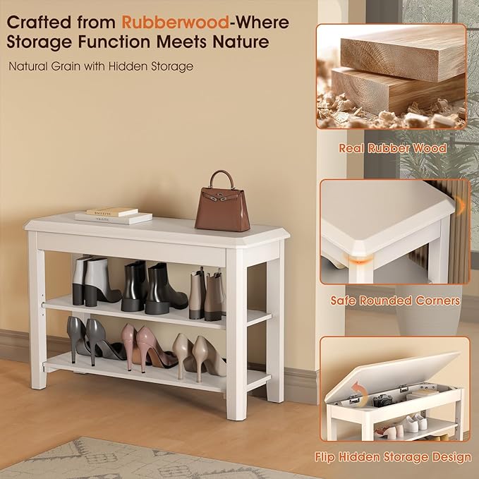 Shoe Rack Bench Seat Rubberwood 2-Tier Wooden Storage Bench 550lbs Compact Mid-Century Modern Design for Entryway, Hallway, Closet, Front Door Entrance, Foyer