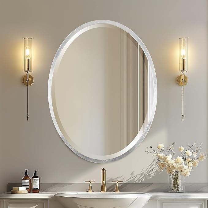 OVALCREST - Oval Wooden Beveled Wall Mirror for Home Decor, Bathroom, Vanity, Bedroom, Living Room, Hallway - London Style (Silver Leaf with Brown Antique) 13.1 x 17.1