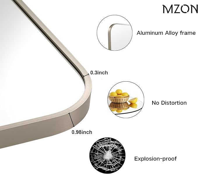 MZON 24x32Inch Brushed Nickel Bathroom Mirror, Rectangle Wall Mounted Mirror for Bathroom or Entryway, Anti-Rust Frame & Tempered Glass, Hangs Horizontally/Vertically - Farmhouse or Bathroom Decor