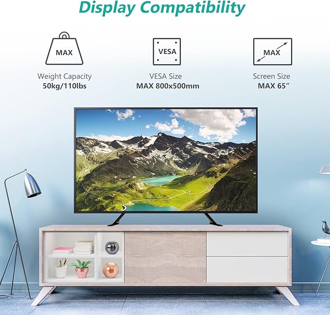 WALI Universal TV Stand 55 inch TV, TV Stand Mount for 22-65 Inch LCD Flat Screen TVs, Table Top TV Stands Holds up to 110lbs Mounting Holes up to 800 by 500mm (TVS001), Black
