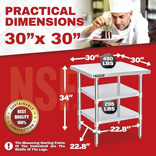 DuraSteel Food Prep Stainless Steel Table - 30 x 30 Inch Commercial Metal Workbench with Adjustable Under Shelf - NSF Certified - for Restaurant, Warehouse, Home, Kitchen, Garage