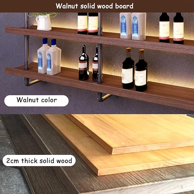 78.7in Large Wine Rack with LED Light Solid Wood Wall Mounted Wine Rack, 3-Tiers Liquor Bottles Floating Shelves Display Storage Organizer for Home Bar & Dining Room (200cm/78.7in)