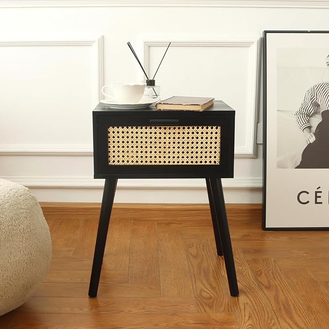 AWASEN Mid Century Modern Nightstand, Rattan Side Table with Drawer, Black Bedside Table with Storage and Solid Wood Legs for Living Room, Bedroom and Small Space (Black)