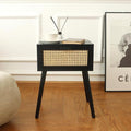 AWASEN Mid Century Modern Nightstand, Rattan Side Table with Drawer, Black Bedside Table with Storage and Solid Wood Legs for Living Room, Bedroom and Small Space (Black)