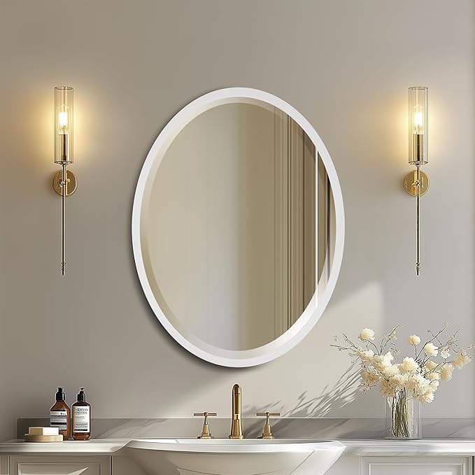 OVALCREST - Oval Wooden Beveled Wall Mirror for Home Decor, Bathroom, Vanity, Bedroom, Living Room, Hallway - London Style (Linen White) 17.1 x 21.1