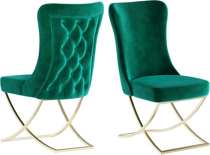 Ottomanson Royal Dining Chairs Set of 4 – Upholstered Tufted Microfiber, Assembled, Gold Metal Legs, Beech Wood Frame, 350 lb Capacity, Green