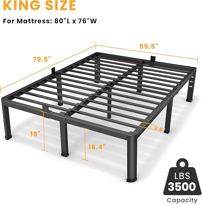 18 Inch King Size Metal Platform Bed Frame with Round Corners, Storage Space Under High Bed Frame-Heavy Duty Steel Slats Support, Noise Free - Easy Assembly - No Box Spring Needed