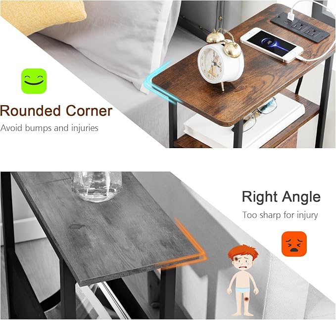 Narrow End Tables Living Room Set of 2 with Charging Station, Skinny Side Table with Fabric Drawers, Slim LED Nightstand for Bedroom, Small Spaces, Couch, Rustic Brown, HETNDP03LPBR
