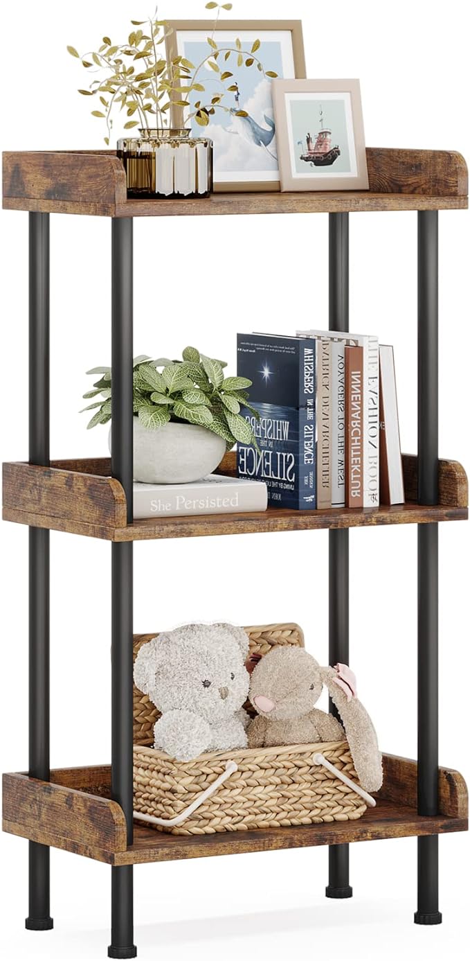 Hosfais Bookshelf Small Book Shelf, 3 Tier Wood Bookcase Industrial Bookshelf Metal Standing Book Shelves Display Book Rack for Living Room Bedroom Home Office (Rustic Brown)