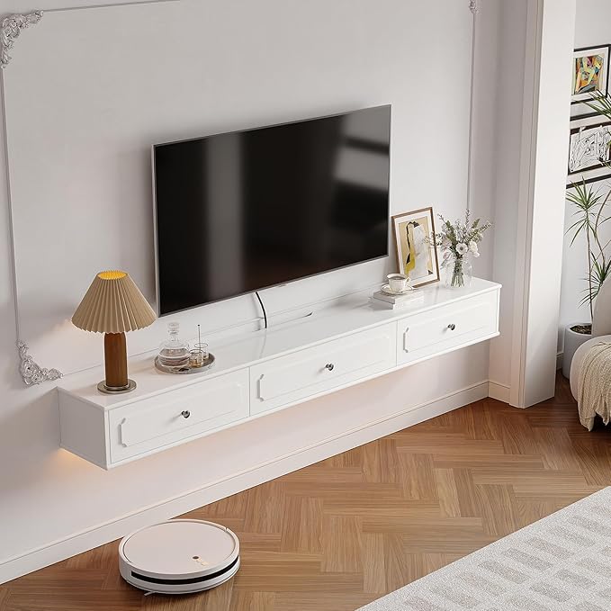 Retro Floating TV Console with 3 Doors,70'' High Gloss Floating TV Stand,Wall Mounted TV Cabinet,Contemporary Floating Media Console for Under TV Storage,Living Room,Bedroom(White)