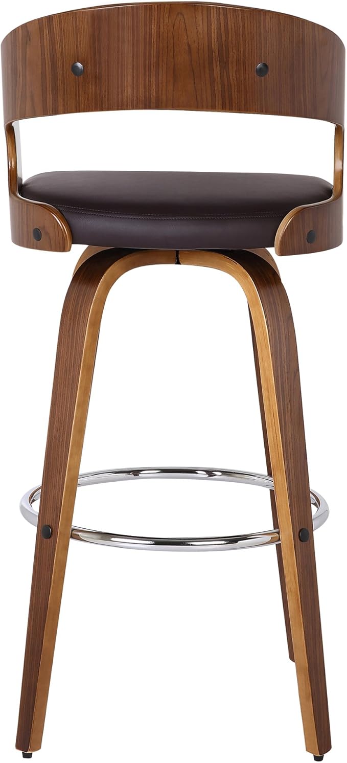 Armen Living Shelly 30" Bar Height Swivel Brown Faux Leather and Walnut Wood Bar Stool - Set of 4