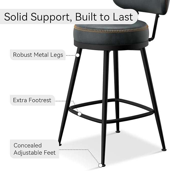 Counter Height Bar Stools, 26" H Swivel Barstools Set of 2, Faux Leather Kitchen Counter Stools with Back and Stylish Stitching, Metal Frame, Pub, Home Bar, Balck Green
