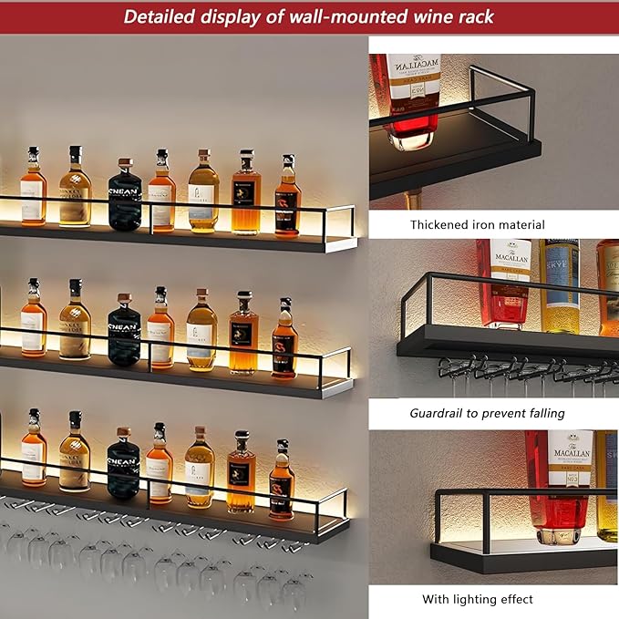 Wall-Mounted Metal Wine Rack with LED Lights 3-Tier Floating Bar Shelves with Wine Glass Rack Large Wine Bottle Display Rack Hanging Shelf, for Home Bar Dining Room Decorative (Black, 100cm/39.3in)