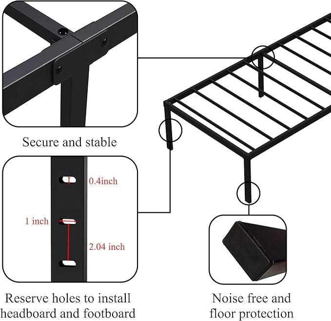 16 Inch Twin XL Bed Frames, Metal Platform Twin XL Bed Frame with Storage, 2,500 lbs Heavy Duty Steel Slats Support, Easy Assembly Mattress Foundation, Black