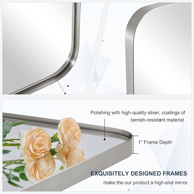 ANDY STAR Brushed Nickel Mirror for Wall, 20”x28” Silver Rectangle Bathroom Mirror, Modern Metal Mirror in Rounded Corner Stainless Steel Frame, 1’’ Deep Set Design Hangs Horizontal Or Vertical