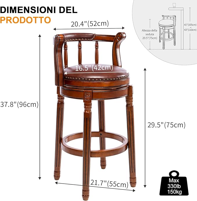 Cow top Leather Wooden Bar Stools, 360 Degree Swivel Bar Height Chair with Backs for Home Kitchen Counter, Morden Chair Barstools (Brown 1pc, Bar Height-Seat Height 29.5”)