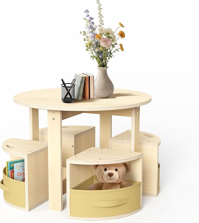 Toddler Table and Chair Set with 3 Storage Stools, Round Shaped Nesting Design, Kids Activity Table for Play/Art/Reading/Craft, Natural