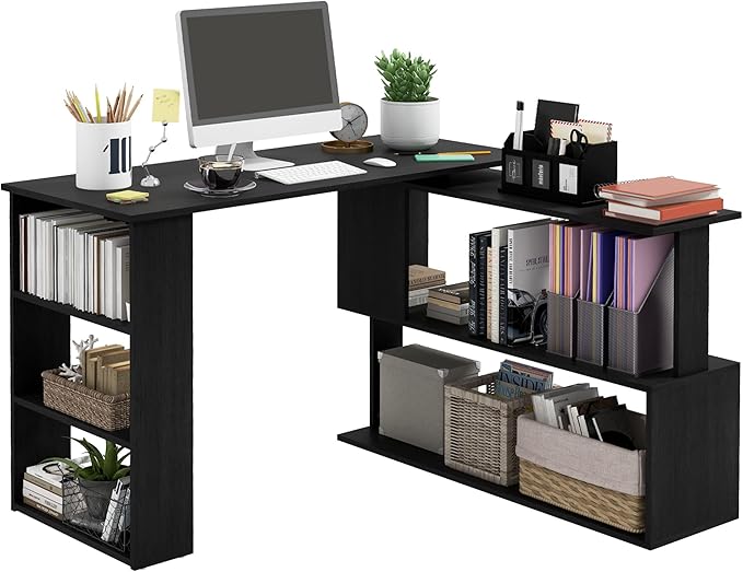 HOMCOM L Shaped Desk, Corner Computer Desk, 360 Degree Rotating Home Office Desk with Storage Shelves, Writing Table Workstation, Black