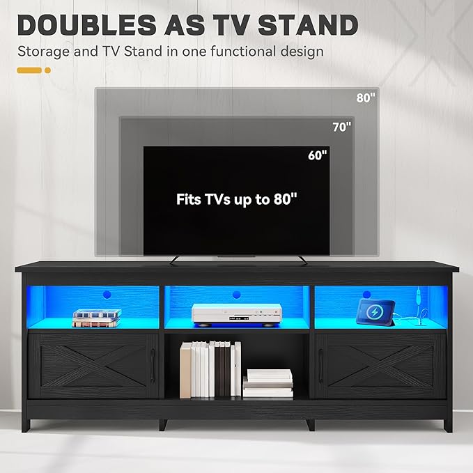 YITAHOME TV Stand for 80/75/70 Inch TVs with LED Lights, Farmhouse Entertainment Center with Storage Cabinets, Open Shelves & Adjustable Shelf for Living Room, Black