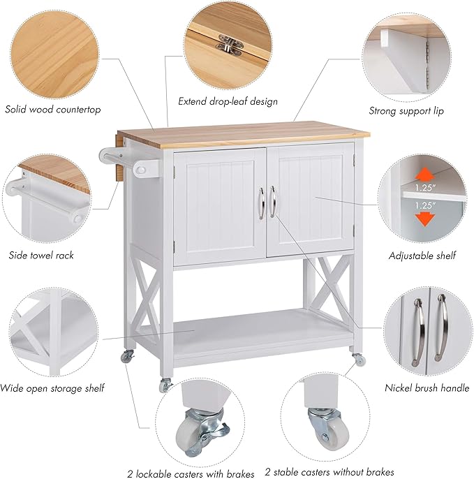 Spirich Kitchen Island on Wheels, Rolling Kitchen Cart with Storage Cabinet, Small Kitchen Island with Drop Leaf and Towel Rack for Dining Room, White