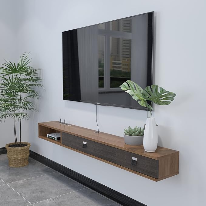 Pmnianhua Floating TV Shelf,70'' Wall Mounted Floating TV Stand Unit Media Console Wall TV Console Cabinet Media Entertainment Shelf with 2 Doors for TVs up to 75'' (Walnut)