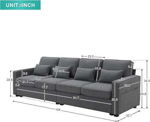 104" 4-Seater Modern Linen Fabric Sofa with Armrest Pockets,Minimalist Style Wood Frame Couch,w/ 4 Pillows,for Living Room,Apartment,Office,Dark Grey