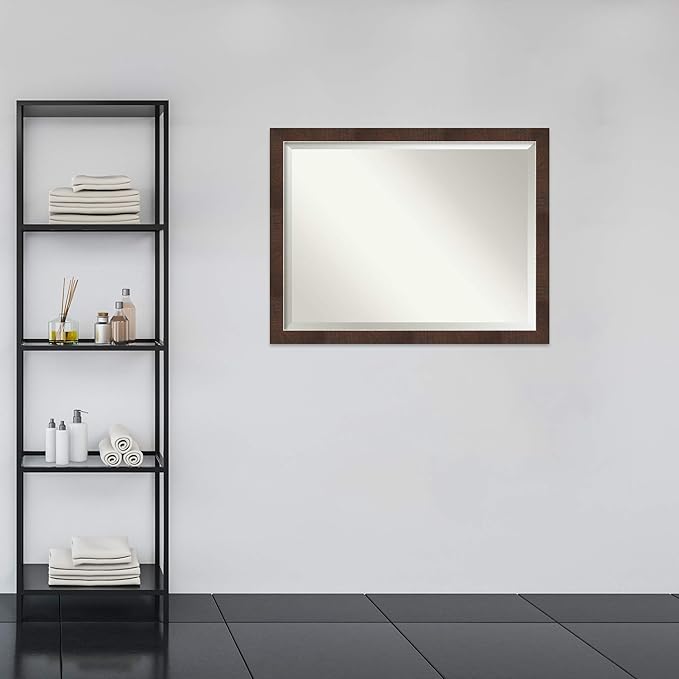Amanti Art Brown Bathroom Mirror for Over Sink, 33x43 Wildwood Brown Narrow Rectangle Vanity Mirror, X-Large Rustic Farmhouse Frame, Hangs Horizonally and Vertically, Bathroom Wall Decor, Beveled Edge