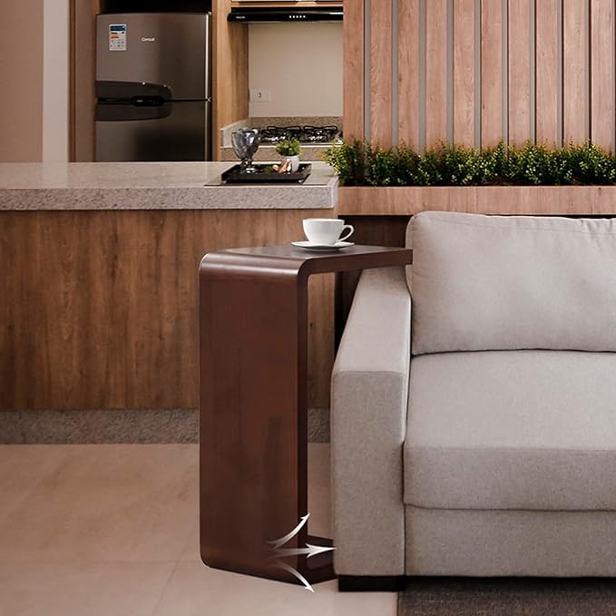 C Shaped End Table, Solid Wood C Side Table for Couch Sofa and Bed, Sofa Tables That Slide Under for Space Saving, Small Snack C Tables for Living Room Bedroom (H 27.2″ - Brown, 1)