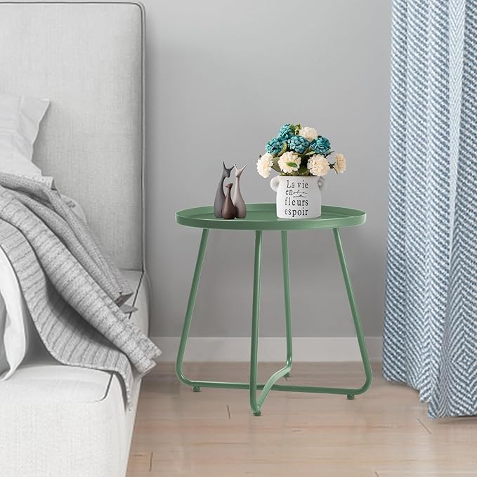 Dia.17.7ins Steel Round Coffee Table, Steel Tray Table, Side Table, Outdoor and Indoor Use, Weather Resisitant, Patio, Balcony, Garden, Backyard (Green)