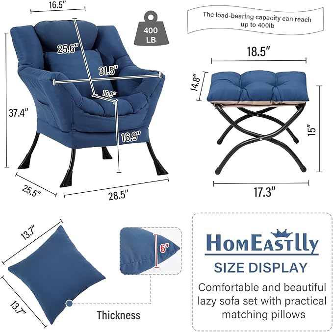 Lazy Chair with Ottoman, Reading Chair with a Pillow, Leisure Sofa Armchair with Ottoman, Large Accent Lounge Chair for Bedroom, Living Room, Dorm Room, Peach Royal Blue