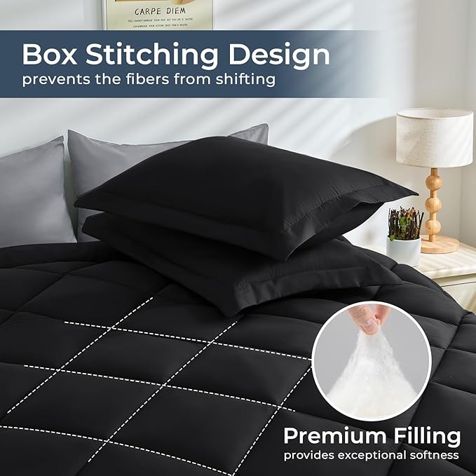 HEVUMYI King Comforter Set - 7-Piece All Season Bed in a Bag King, Ultra Soft Bedding Set with Comforter, Flat Sheet, Fitted Sheet, Pillowcases, Pillow Shams, Black & Light Grey