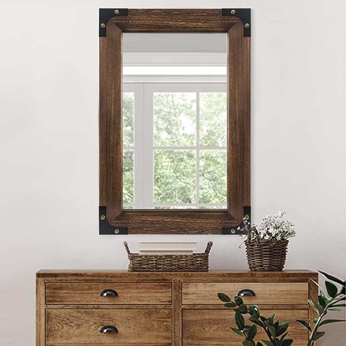 blue page Mirror for Wall, Rustic Wood Mirror with Wood Frame, Rectangular Decorative Wall Mounted Mirror for Farmhouse Bathroom Bedroom & Living Room (24 x 36 Inches, Iron)