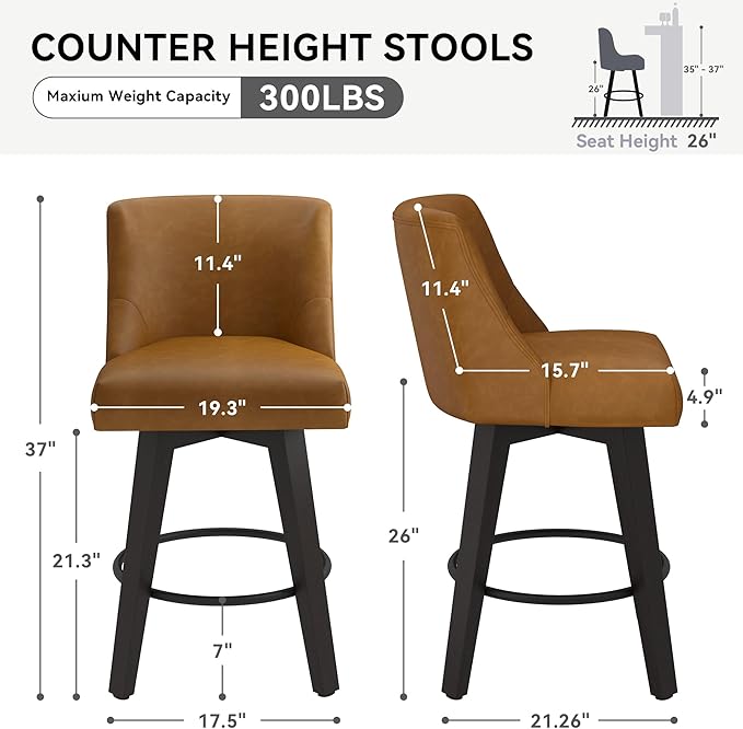 Counter Height Swivel Bar Stools Set of 6, 26 Inch Bar Stools with Footrest, Faux Leather Upholstered Barstools with Back and Solid Wood Legs for Kitchen Island, Dining Room,Pub,Brown