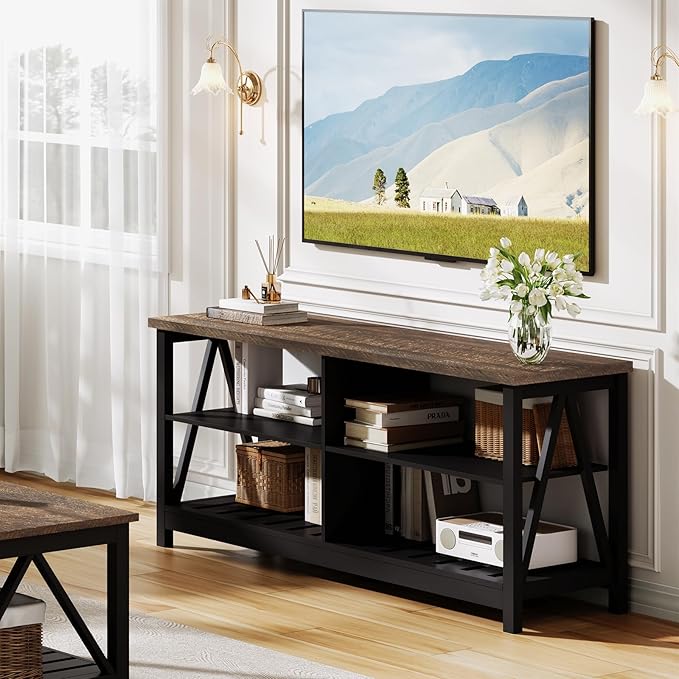 ChooChoo Farmhouse TV Stand for TVs up to 55 Inch, Modern Entertainment Center with 4 Open Shelves & Built-in Cable Holes, Media TV Console for Living Room, Bedroom, Black