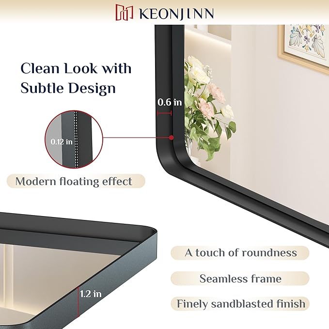 Keonjinn Black Bathroom Mirror for Over Sink, 72” x 36” Large Rounded Rectangle Bathroom Vanity Mirror, Matte Black Farmhouse Wall Mirror, HD Tempered Glass, Seamless Metal Frame(Horizontal/Vertical)