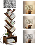 Tree Bookshelf with Light, 6 Tier Small Bookcase, Narrow Floor Standing Book Tower Organizer with Storage Cabinet for Living Room, Bedroom and Home Office, Rustic Brown