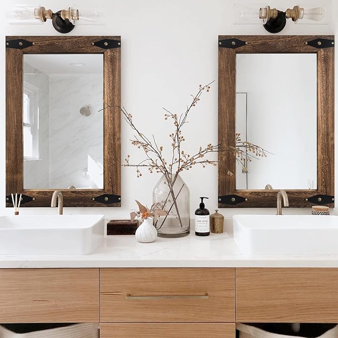 Farmhouse Rustic Mirror Wood Framed for Bathroom, Decorative Bathroom Mirror for Wall Wood, Wall Mounted Rectangular Mirror for Bedroom Living Room, Wood Mirror 24x36 Inch