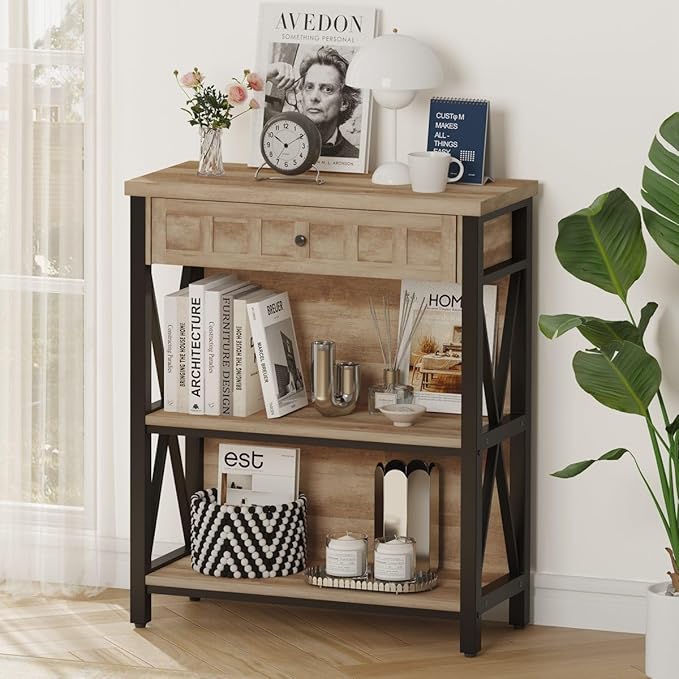FATORRI Rustic Bookshelf with Drawer, Industrial Wood and Metal Bookcase, Small Short Book Shelf and Low Book case for Small Space (Rustic Oak)
