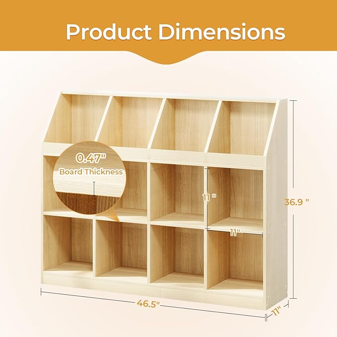 12-Cube Wooden Storage Bookcase - 11-Inch Open Shelf Cabinet, Simple Modern Bookshelf Organizer for Home Office, Living Room, Oak