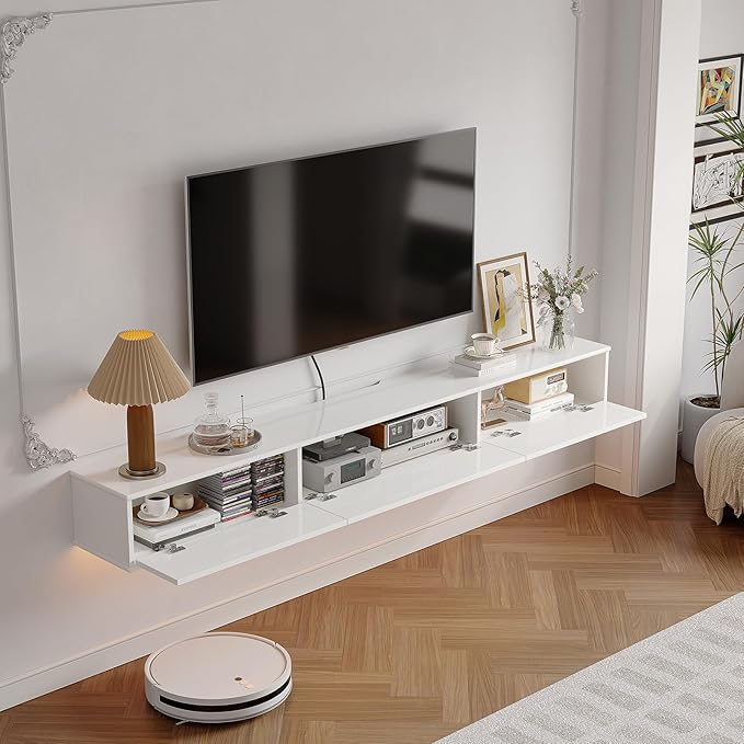 Retro Floating TV Console with 3 Doors,70'' High Gloss Floating TV Stand,Wall Mounted TV Cabinet,Contemporary Floating Media Console for Under TV Storage,Living Room,Bedroom(White)