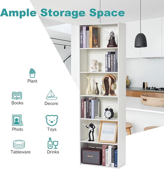 6-Tier Book Shelf, Floor Standing Open Bookcase, Wooden Display Storage Shelves with Anti-Tipping Device, 71" Tall Bookshelf for Bedroom, Living Room and Office, White