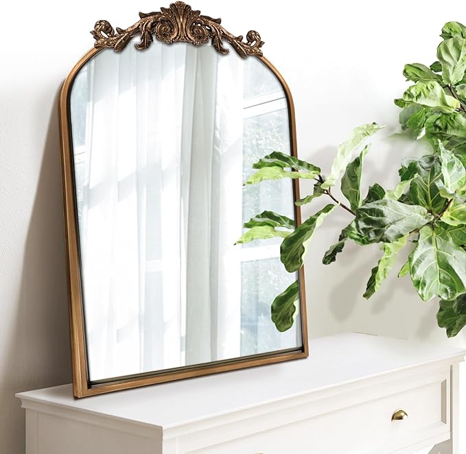 WAMIRRO Antique Mirror,Gold Traditional Vintage Ornate Baroque Arched Brass Wall Mounted Mirrors for Entryway/Fireplace/Living Room/Hallway/Bathroom 19"X27"
