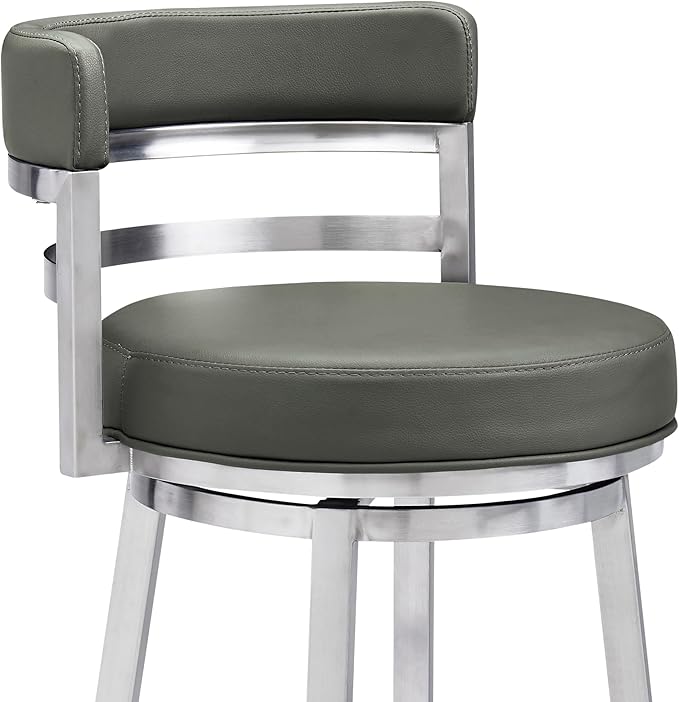 Armen Living Titana 30" Bar Height Swivel Grey Faux Leather and Brushed Stainless Steel Bar Stool