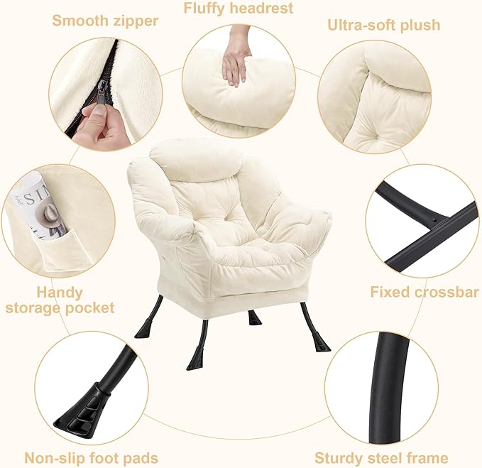Fabric Lazy Chair for Adults, Oversized Upholstered Sofa Chair, Plush Comfy Lounge Chair with Large Side Storage Pocket, Thick Padded Reading Chair for Living Room, Bedroom, Study Room, Beige