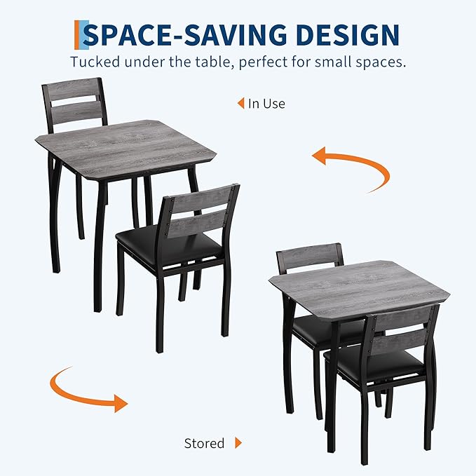Small Dining Table Set for 2,3-Piece Kitchen Table Set with Thick Wood Grain Tabletop & 2 Upholstered Chairs & Metal Frame, Compact Table Set for Small Spaces, Kitchens & Dining Rooms (Grey)