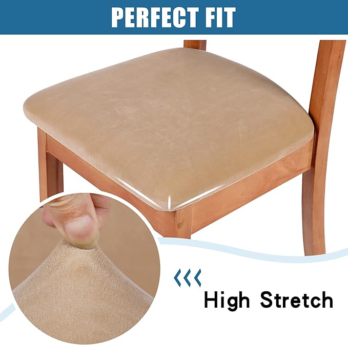 Smiry Velvet Seat Covers for Dining Room Chair Set of 4, Stretch Fit Removable Washable Chair Seat Cushion Protector Slipcovers with Ties, Beige
